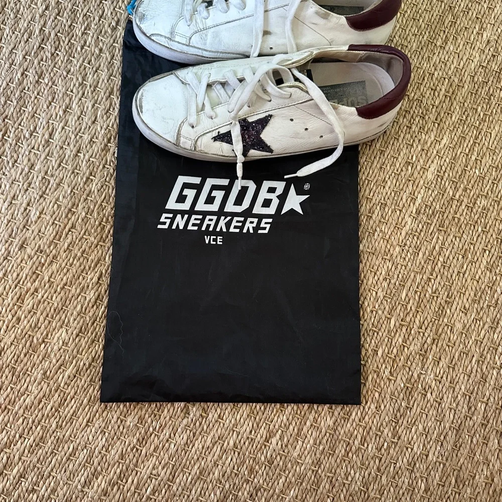 Golden Goose White Leather Sneakers with Purple Glitter Star and Burgundy Heel - Picture 7 of 8